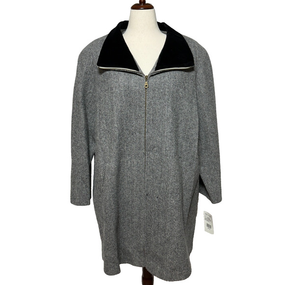 Maggie Barnes Coat Womens 3X Gray Black Herringbone Wool Blend Velvet Collar NWT - Picture 1 of 10